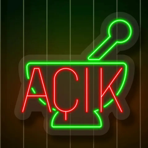 Eczane Açık, Havan Figürlü Neon Led Tabela 45x45CM — referans görsel — değiştirilecek